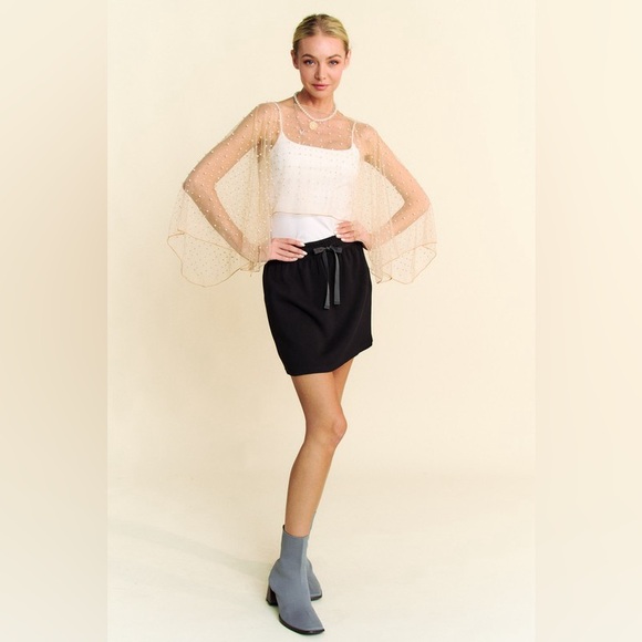 266B. Pearl Rhinestone Embellished Mesh Topper Cape - Nude - Picture 2 of 10